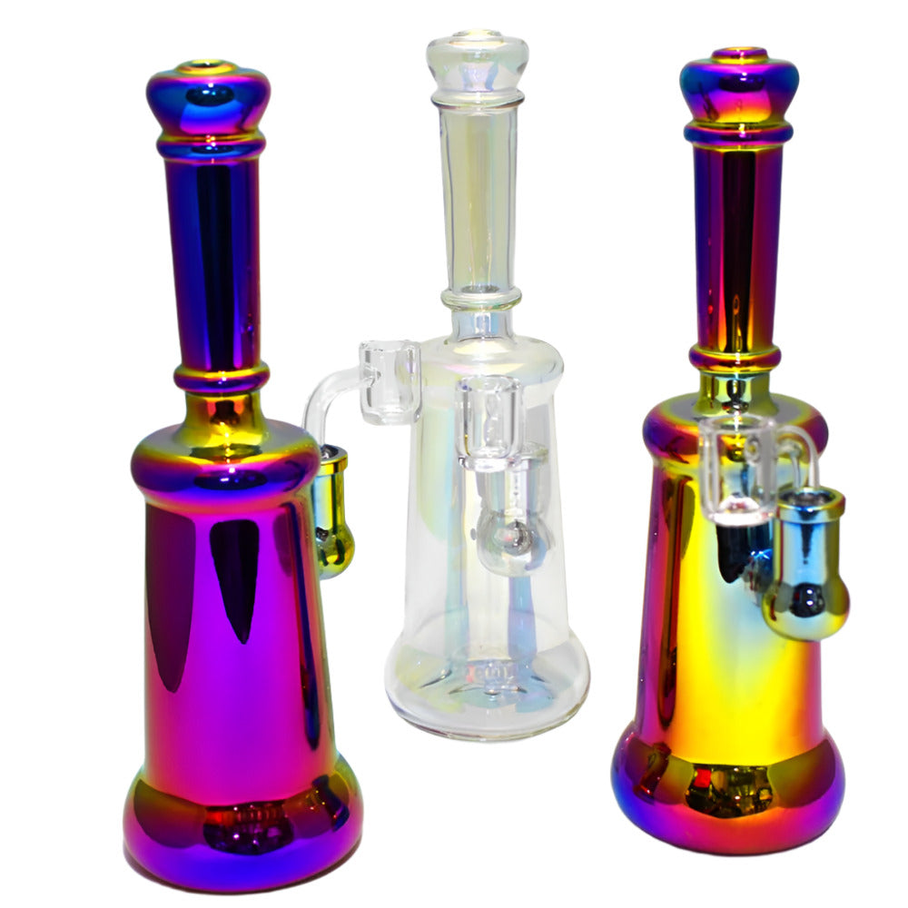 10 Inch Colorful Glass Dab Rig Water Pipe Featuring Vibrant Multicolor Accents and a 14mm Male Banger with a Distinctive Decorative Design