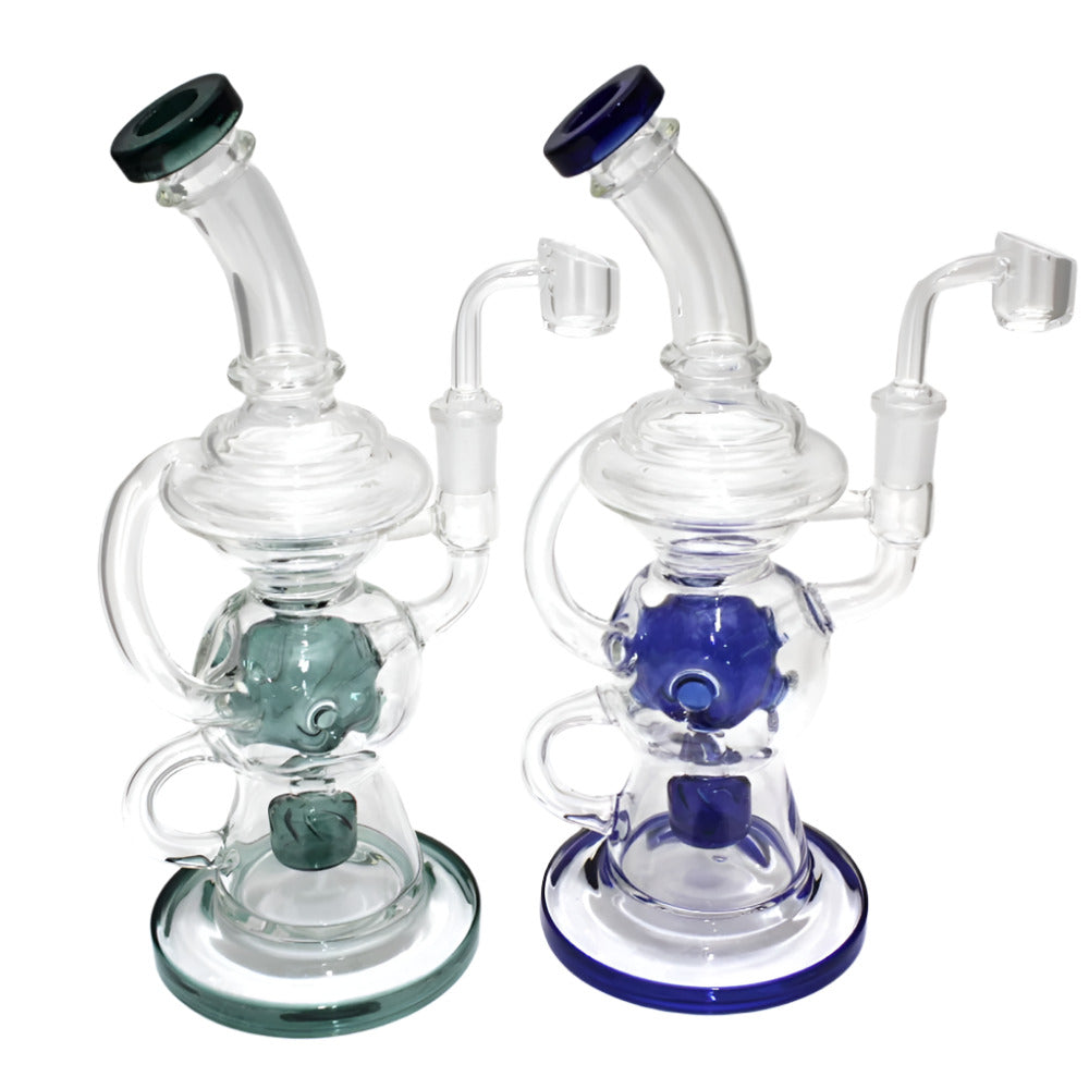 10 Inch Double Recycler Glass Water Pipe Featuring a Modern Dual-Chamber Design, 14mm Male Banger, and Distinctive Glass Construction for Retail and Wholesale Supply