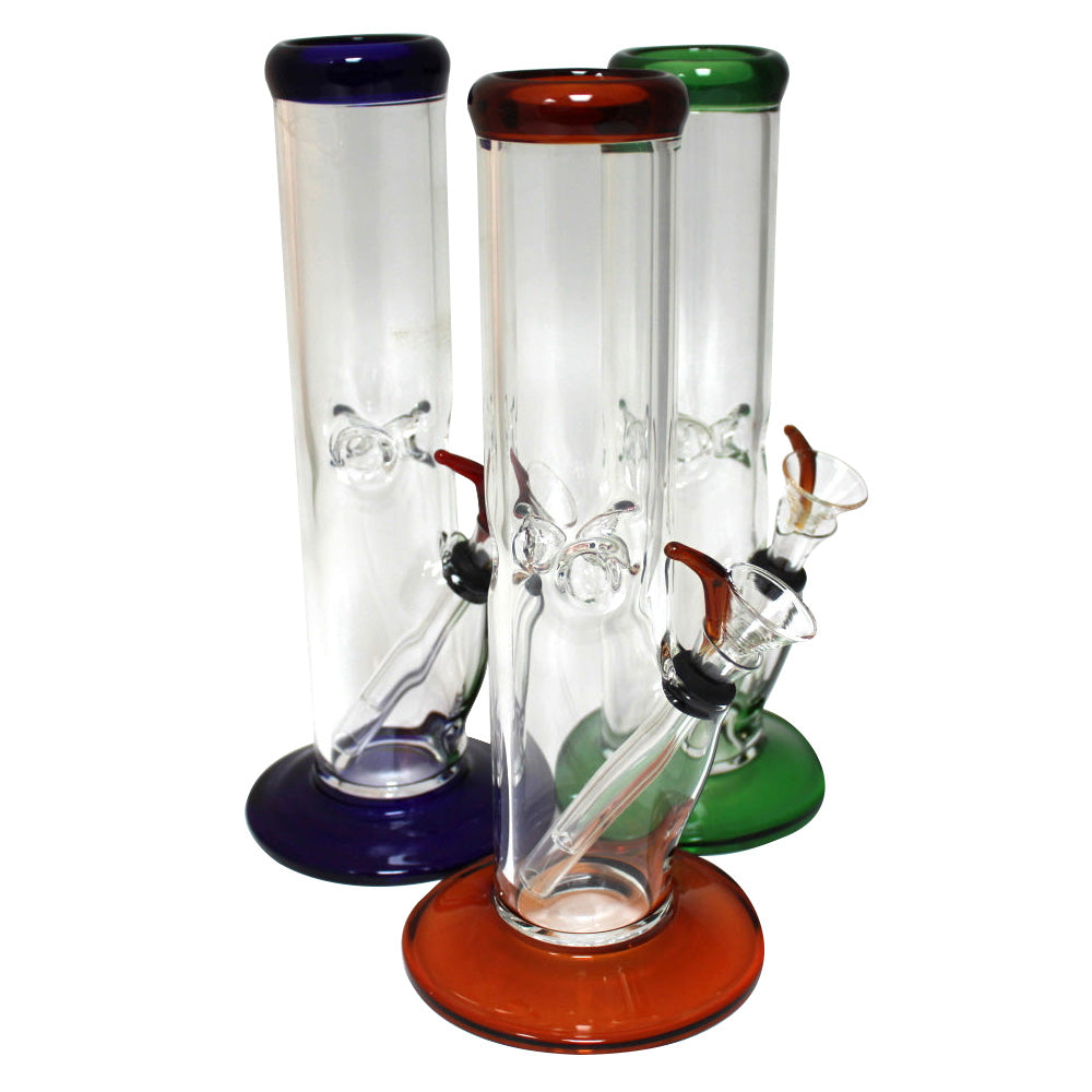 10-inch Flat Bottom Color Straight Water Pipe featuring durable glass construction, stable flat base, colorful design, straight tube shape, and water chamber.