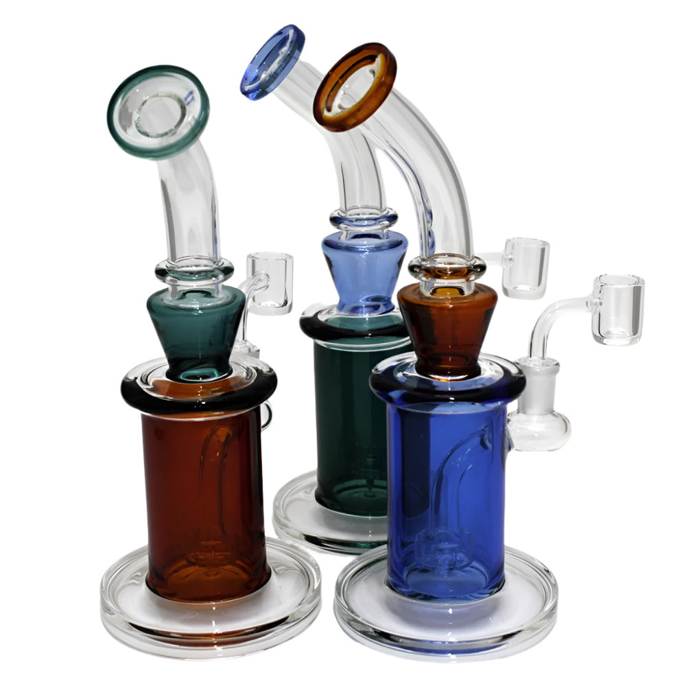 10 Inch Flat Bottom Full Tube Color Dab Rig Water Pipe Featuring Colorful Glass Accents, a Stable Flat Base, and a 14mm Male Banger with a Modern Design