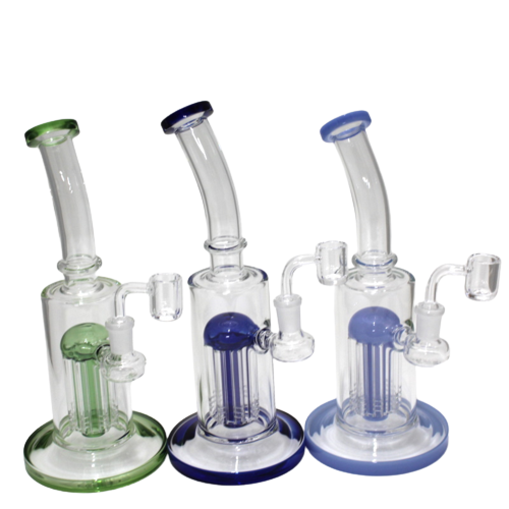 10 Inch Flat Bottom Tree Percolator Glass Dab Rig Water Pipe Featuring a Built-In Tree Percolator, 14mm Male Banger, and Stable Flat Base with a Modern Design