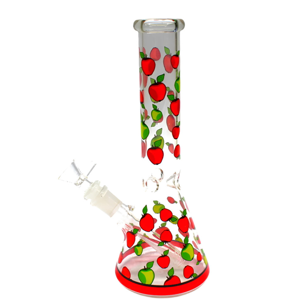 10 Inch Glass Beaker Water Pipe with Vibrant Fruit Print Decals, 14mm Male Bowl, and Classic Glass-on-Glass Joint Design