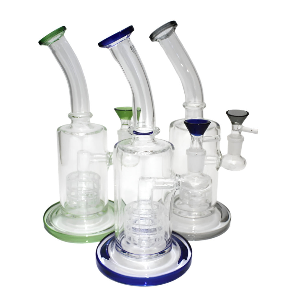 10 Inch Showerhead Percolator Glass Water Pipe Featuring a Built-In Showerhead Percolator, Durable Glass Construction, and a Sleek Modern Design for Retail and Wholesale Supply.