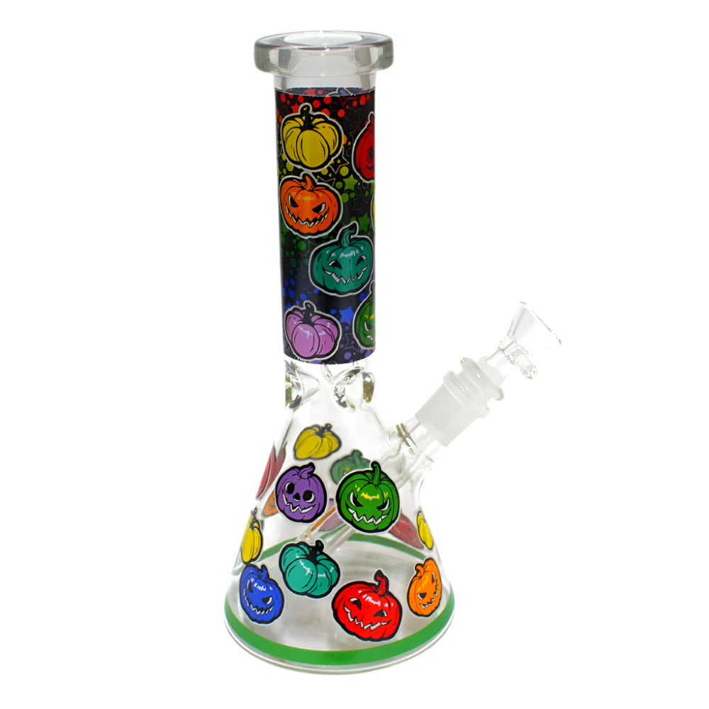 Explore the 10 Inch Colorful Halloween Beaker Water Pipe with glow-in-the-dark graphics, a 14mm male glass bowl, glass-on-glass connection, and festive design.
