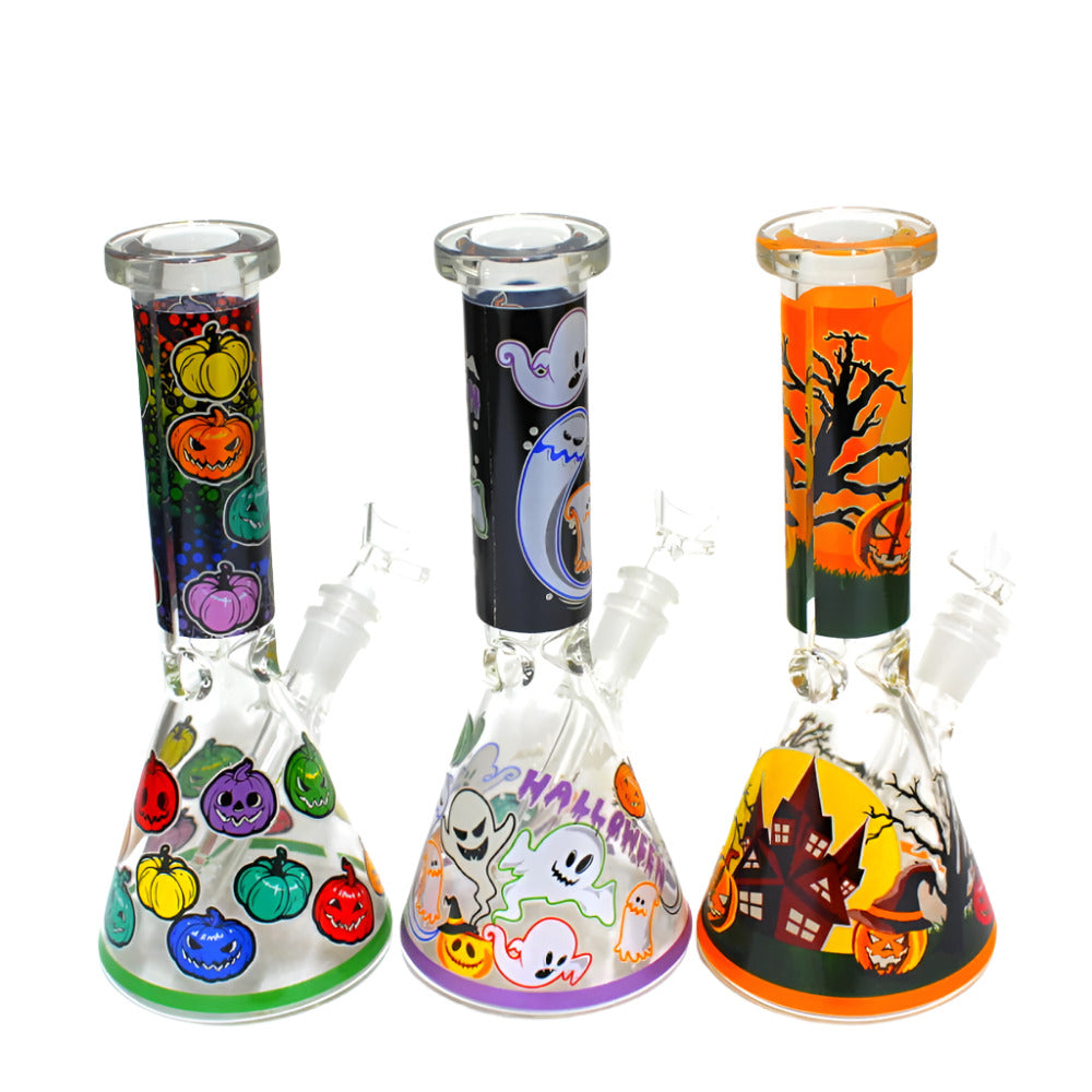 10 Inch Glow in the Dark Halloween Water Pipe featuring colorful festive graphics, a 14mm male glass bowl, glass-on-glass connection, and a classic beaker design.