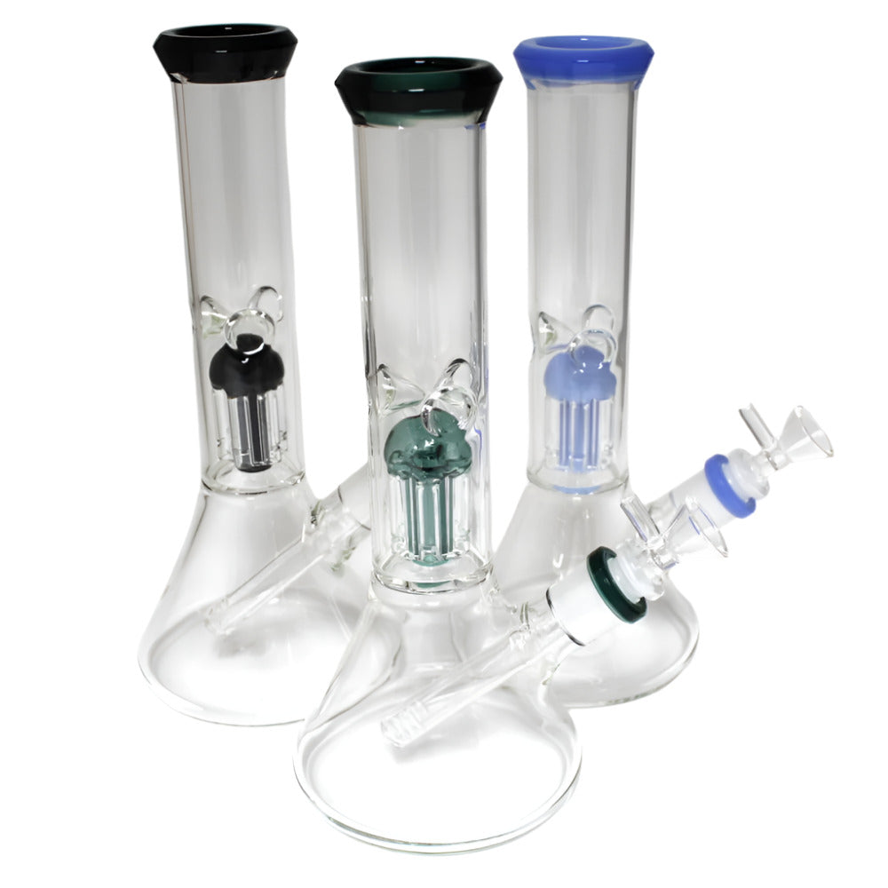 11 Inch Beaker Glass Water Pipe Featuring a Built-In Tree Percolator, Wide Beaker Base, and Stylish Glass Construction for Retail Displays and Wholesale Collections.