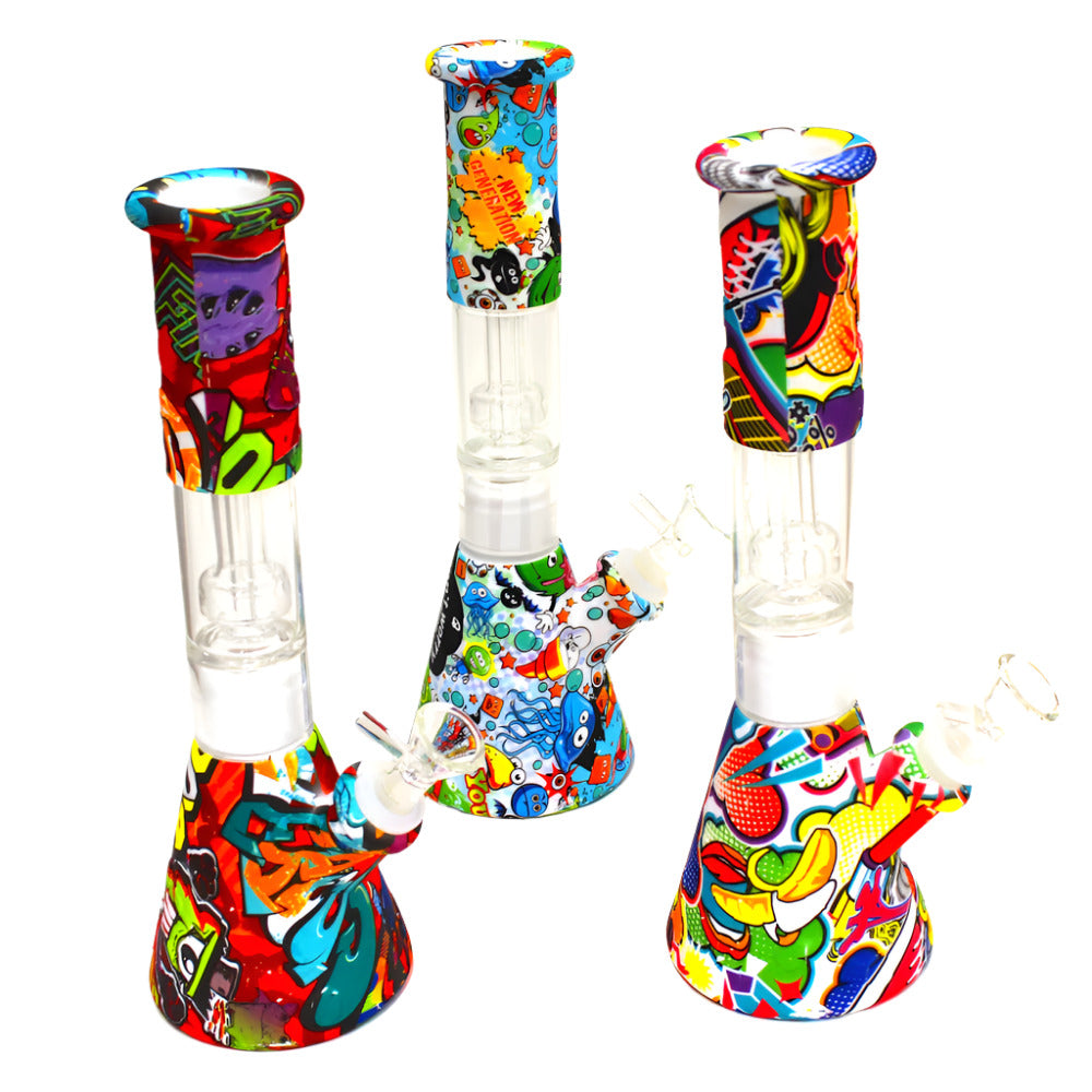 11-inch Color Silicone Beaker Water Pipe with Glass Percolator featuring a durable silicone body, colorful printed design, classic beaker shape, and glass percolator.