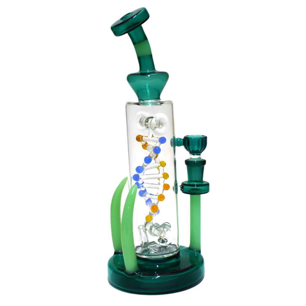 11 Inch DNA Spiral Spinner Glass Water Pipe with a Rotating Design and 14mm Male Banger, Featuring an Artistic Glass Structure and Distinctive Appearance for Retail and Wholesale Collections.