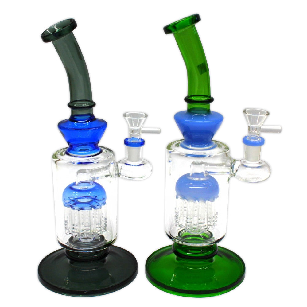 11 Inch Flat Bottom Tree Percolator Glass Water Pipe Featuring a Built-In Tree Percolator, Stable Flat Base, and Sleek Glass Design for Retail Displays and Wholesale Collections.