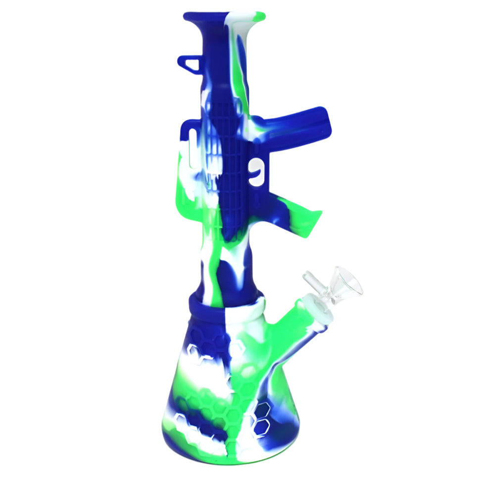 11-inch multicolor silicone gun-shaped water pipe featuring a durable silicone construction, vibrant design, and 14mm male bowl.