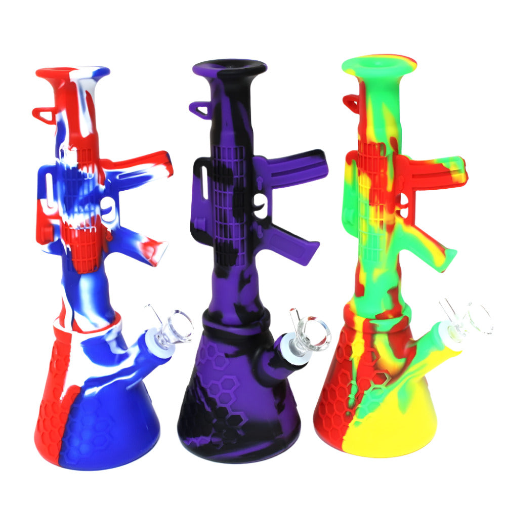 11-inch silicone gun-shaped multi-color water pipe featuring a durable silicone body, vibrant colors, and a 14mm male bowl.