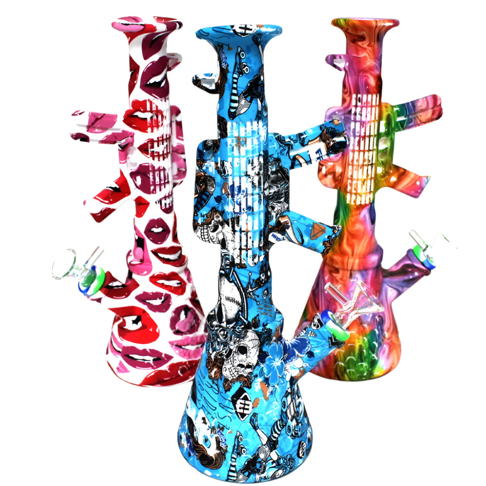 11-inch silicone gun-shaped multi-color water pipe with 14mm bowl, featuring a durable silicone body, vibrant colors, and distinctive design.