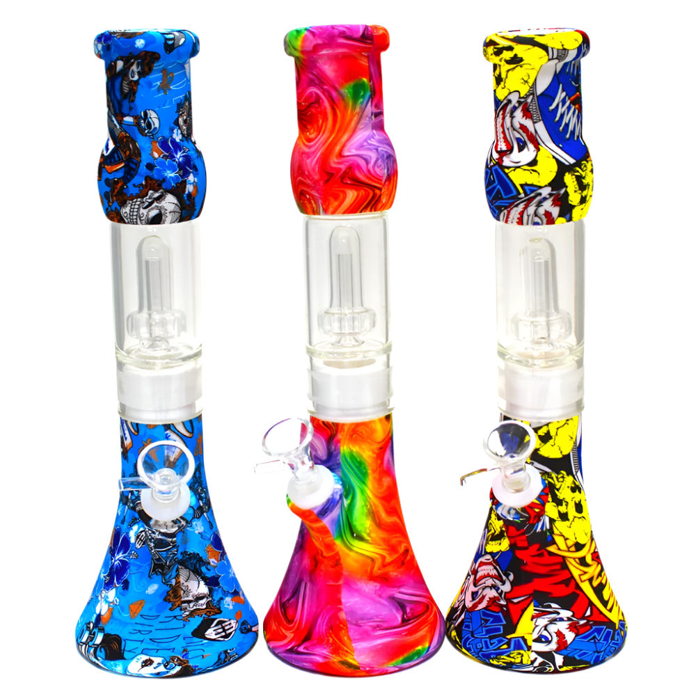 11-inch Silicone Printed Color Beaker Water Pipe featuring a glass percolator, durable silicone body, colorful printed design, classic beaker shape, and stable base.