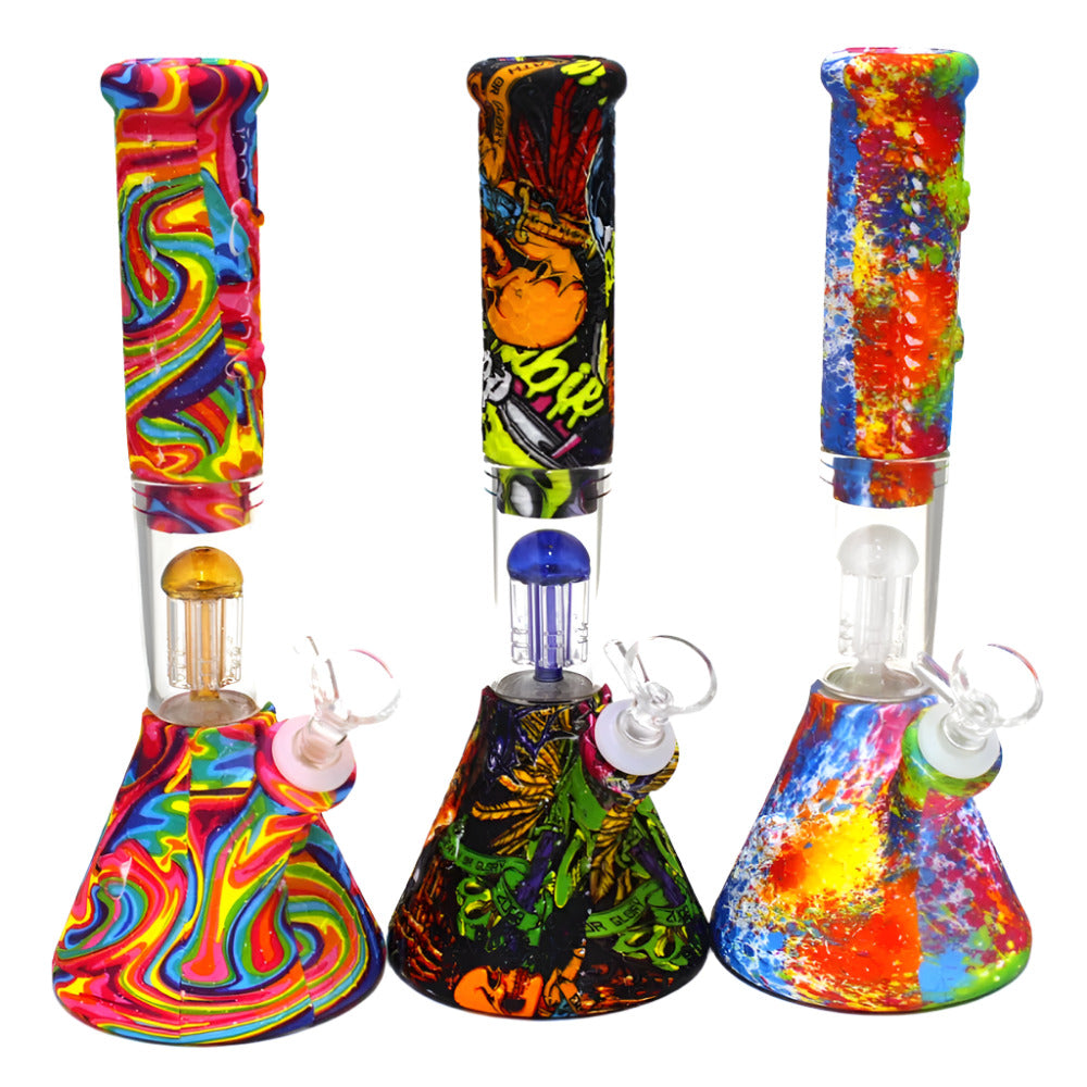 11-inch Silicone Printed Color Bee Beaker Water Pipe featuring a glass percolator, colorful printed design, durable silicone body, and classic beaker shape.