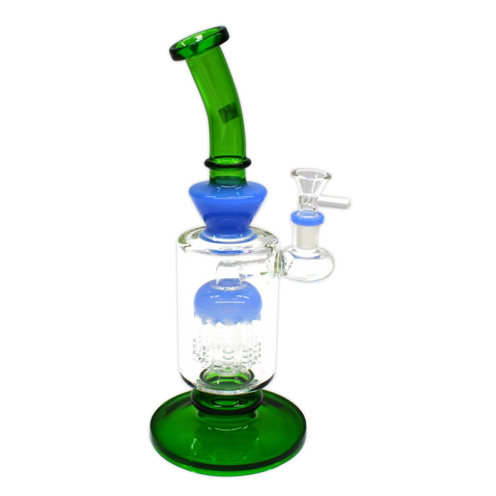 11 Inch Glass Water Pipe with Tree Percolator and Flat Bottom Base, Featuring a Distinctive Percolator Structure and Modern Glass Design for Retail and Wholesale Supply.