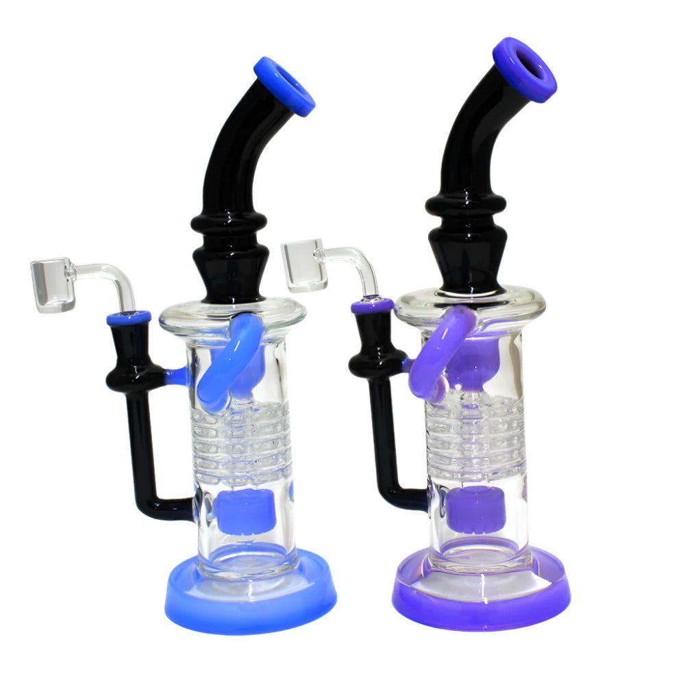 Explore the 11 Inch Recycler Glass Water Pipe featuring a percolator, 14mm male banger, and unique recycle-style design for glassware retailers and wholesale buyers.