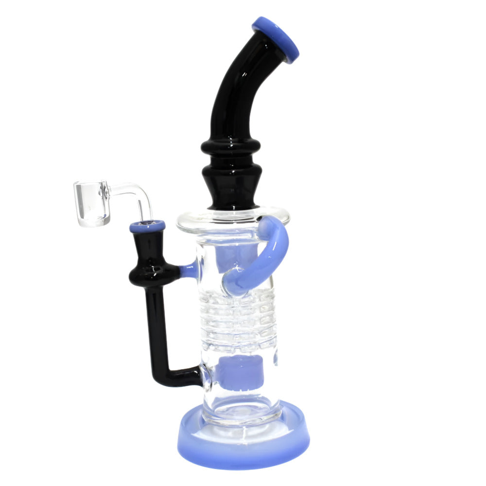 11 Inch Recycle Design Glass Water Pipe featuring a built-in percolator, 14mm male banger, and distinctive recycler-style construction for retail displays and wholesale collections.