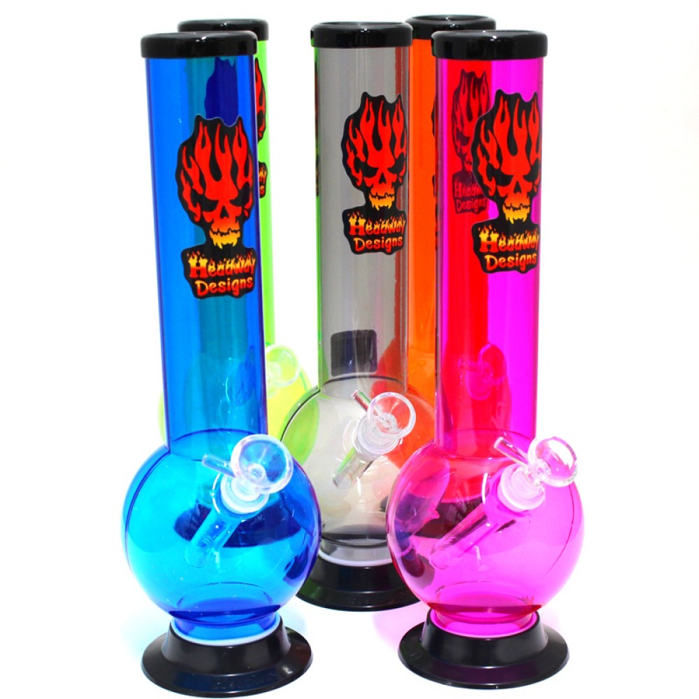 12-inch Headway Designs Acrylic Bubble Straight Water Pipe featuring a glass downstem, 14mm male bowl, durable acrylic body, and glass-on-glass components.