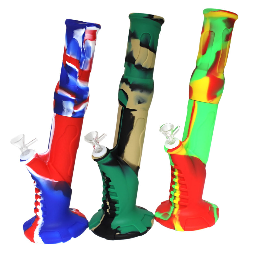 14-inch Silicone 2-Part Multi-Color Water Pipe featuring durable silicone construction, vibrant multi-color design, and a 14mm male bowl.