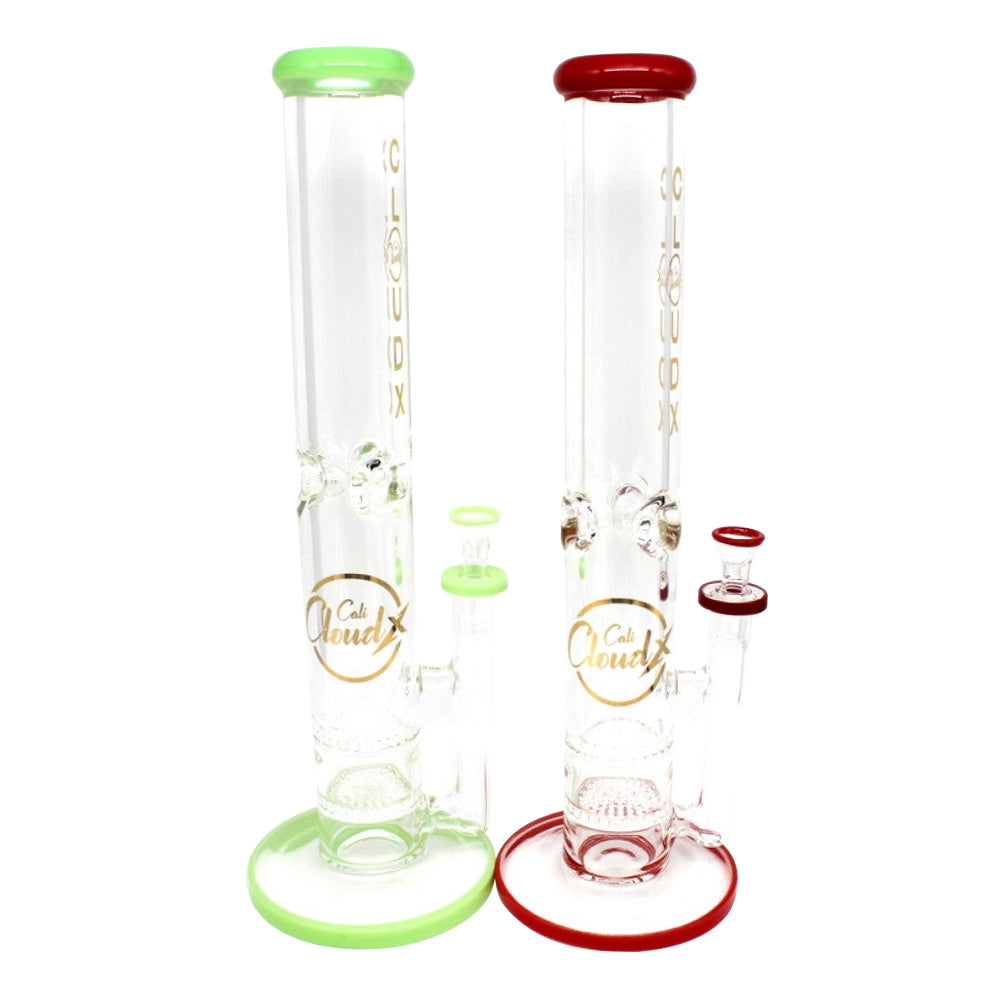 15-inch Cali Cloudx double honeycomb straight water pipe featuring durable glass construction, dual honeycomb percolators, stable base, smooth polished finish, and sleek design.