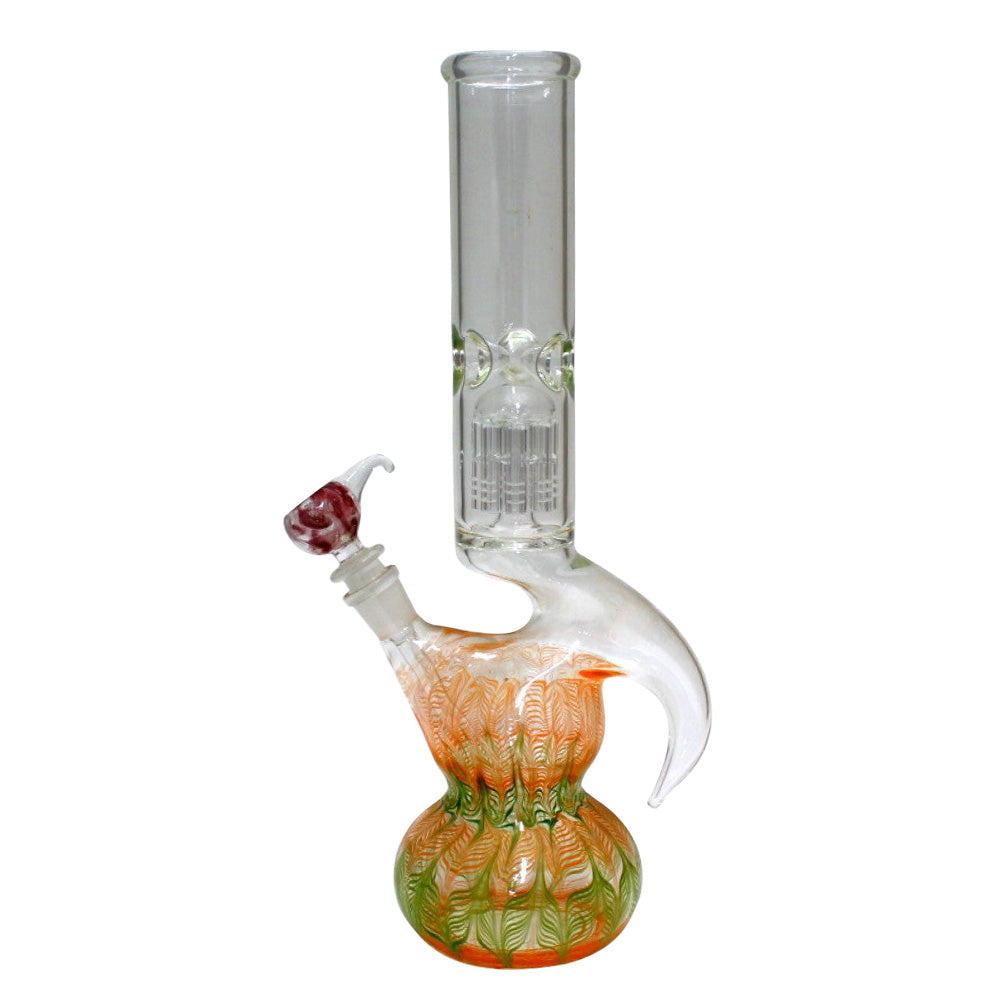 15-inch Round Base Hook Design Percolator Water Pipe featuring durable glass construction, a stable round base, unique hook design, and built-in percolator filtration.