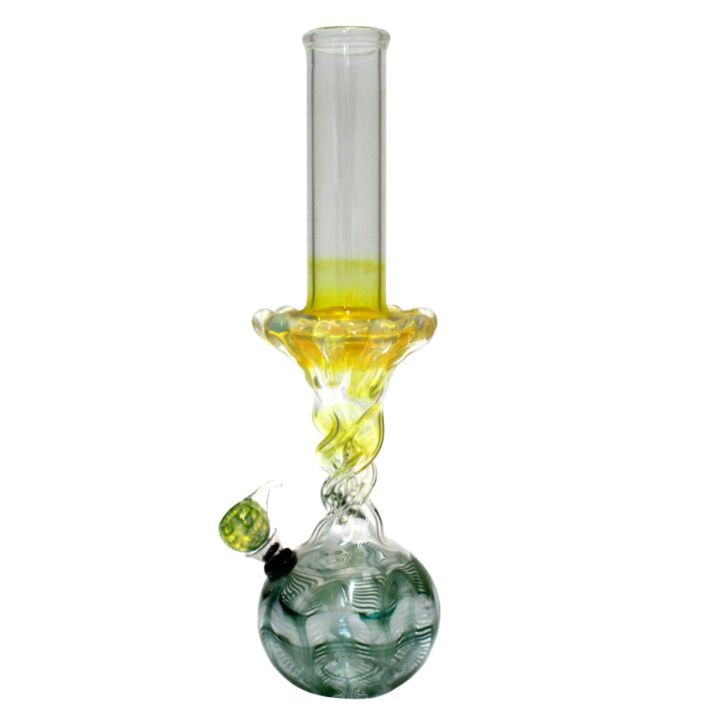 15-inch Round Flower Design Art Twisted Water Pipe featuring a decorative flower design, twisted glass body, durable construction, stable base, and water chamber.