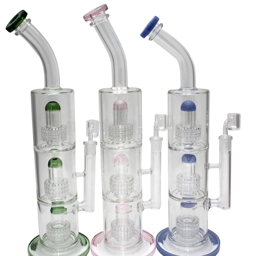 18'' Flat Bottom Triple Diamond Cut Design Percolator Heavy Water Pipe With 14 MM Male Banger