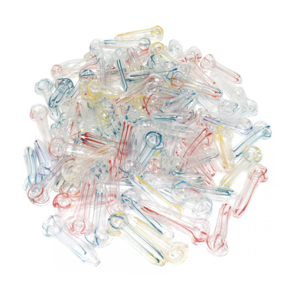 2.5-inch mini glass pipe 100-piece bundle featuring compact glass construction, smooth finish, lightweight design, and bulk packaging.
