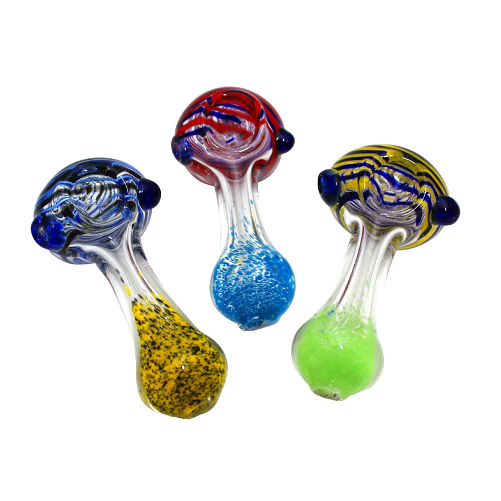 3.5-inch clear multi swirl color head heavy-duty glass pipe featuring a transparent glass body, vibrant swirl colors, thick construction, smooth finish, and artistic design.