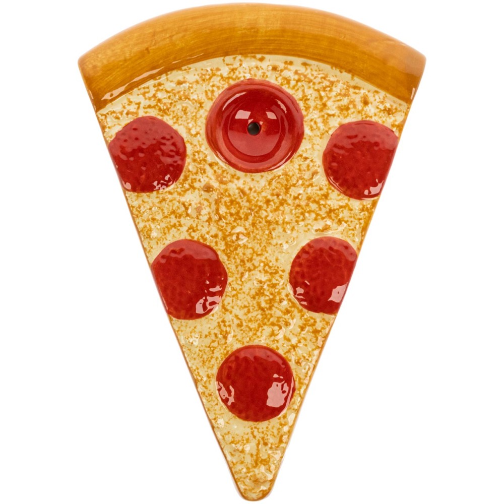 3.5-inch pizza ceramic mini hand pipe featuring a fun pizza-inspired design, compact profile, smooth ceramic construction, and decorative artwork.
