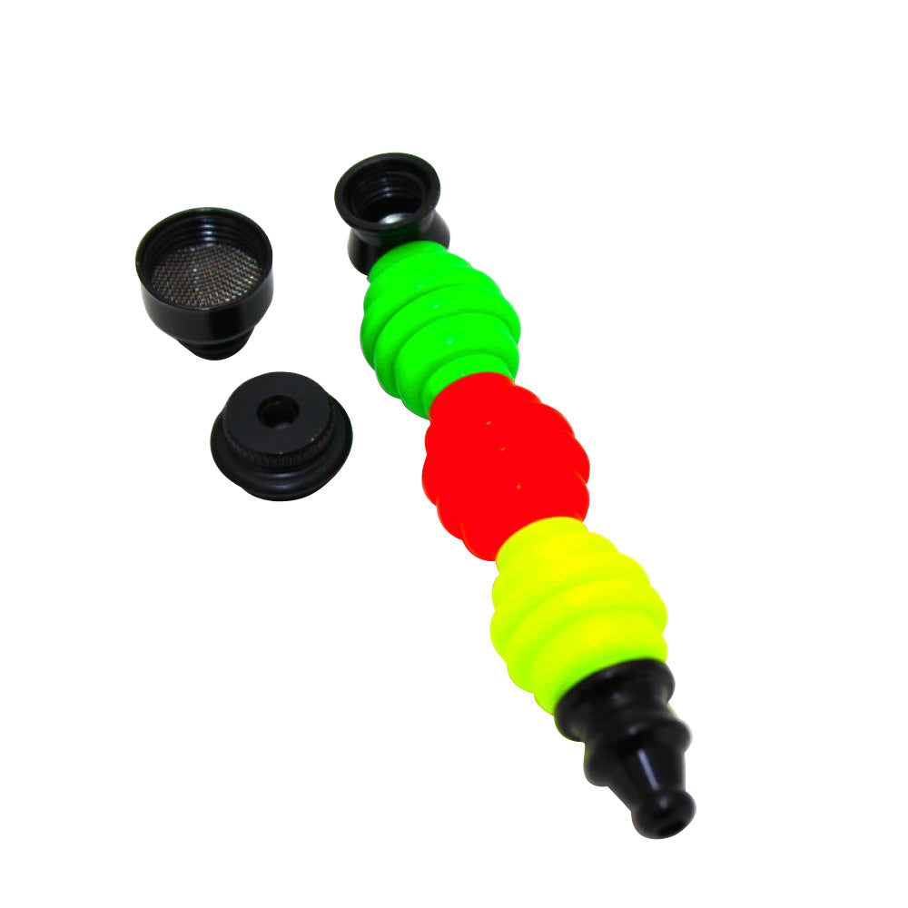 3.5-inch Rasta color metal pipe with lid featuring vibrant green, yellow, and red colors, durable metal construction, compact design, and protective lid.