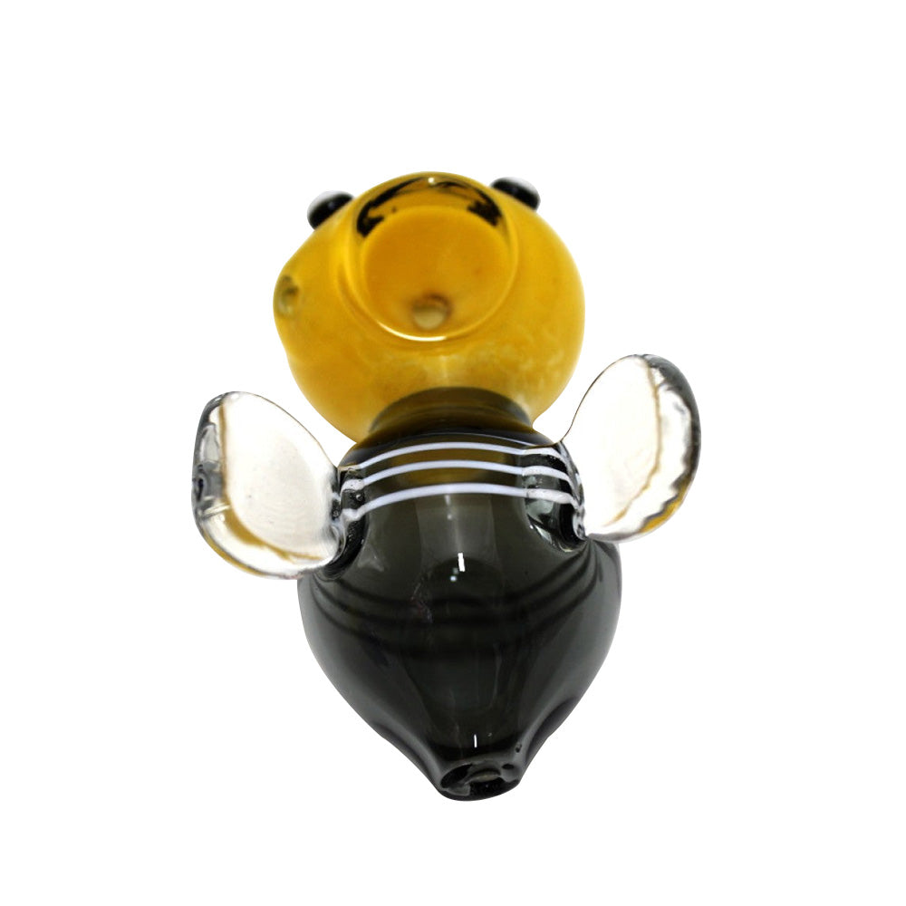 3.5-inch yellow winged flies design glass hand pipe featuring a bright yellow head, decorative wing details, heavy-duty glass construction, smooth finish, and unique styling.