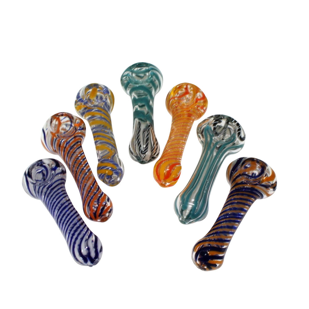 3-inch colorful strip pattern glass hand pipe featuring mixed-color detailing, smooth glass construction, compact design, polished finish, and artistic styling.