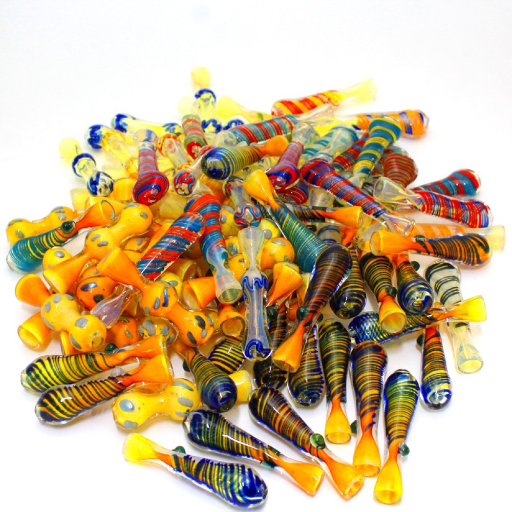 3-inch heavy-duty multi-color chillum 100-piece bundle featuring thick glass construction, assorted colors, compact design, and vibrant styling.