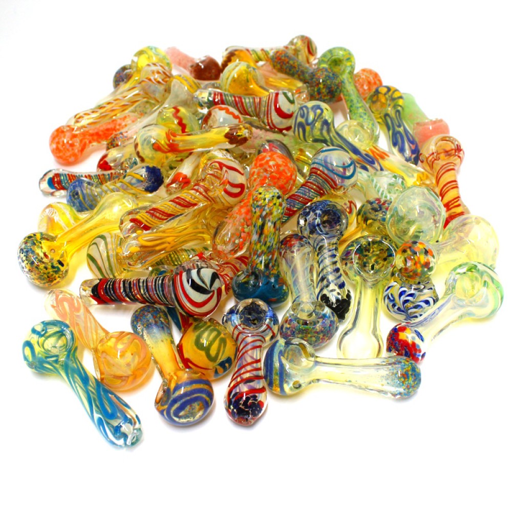 3-inch mixed color glass hand pipe 50-piece bundle featuring assorted vibrant colors, smooth glass construction, compact designs, and attractive styling.