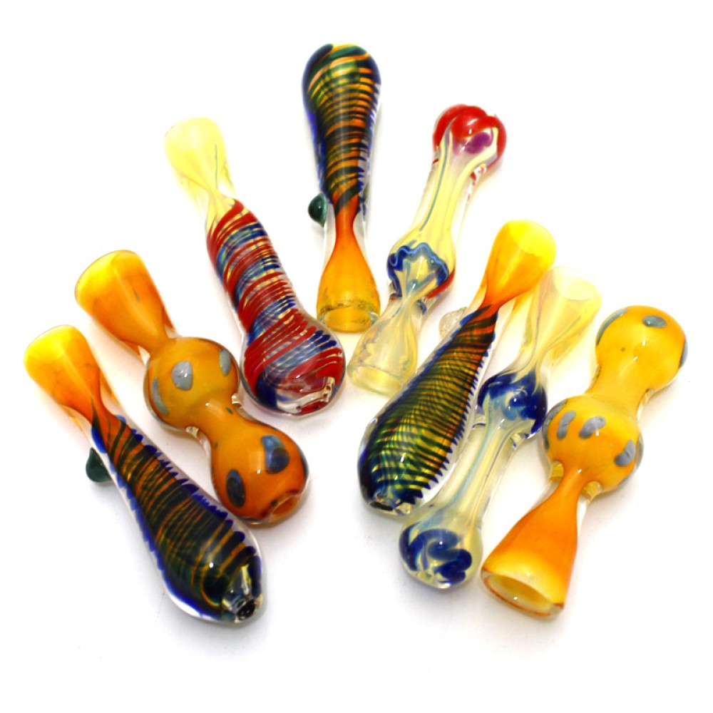 3-inch mixed color heavy-duty glass chillums 100-piece bundle featuring assorted vibrant colors, thick glass construction, compact profiles, and durable design.