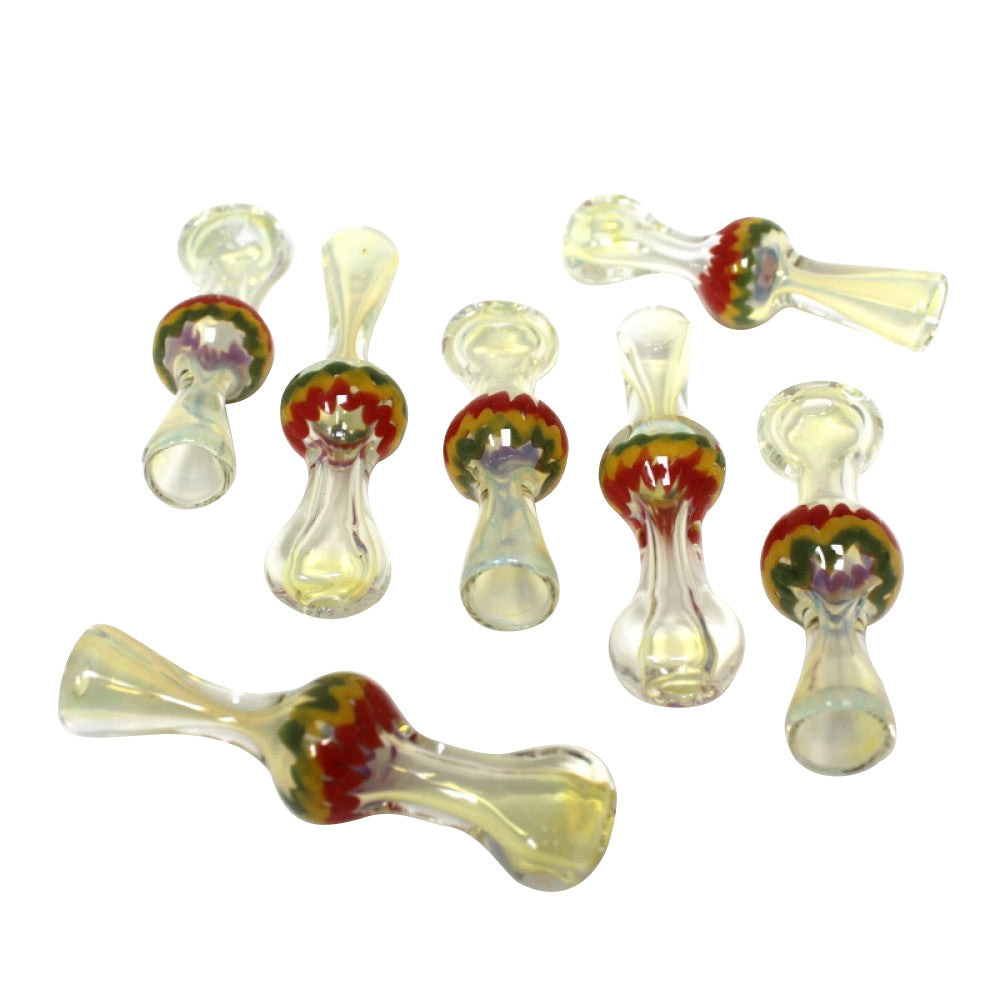 3-inch Rasta color round design chillum featuring vibrant multi-color detailing, round shape, smooth finish, compact size, and eye-catching styling.