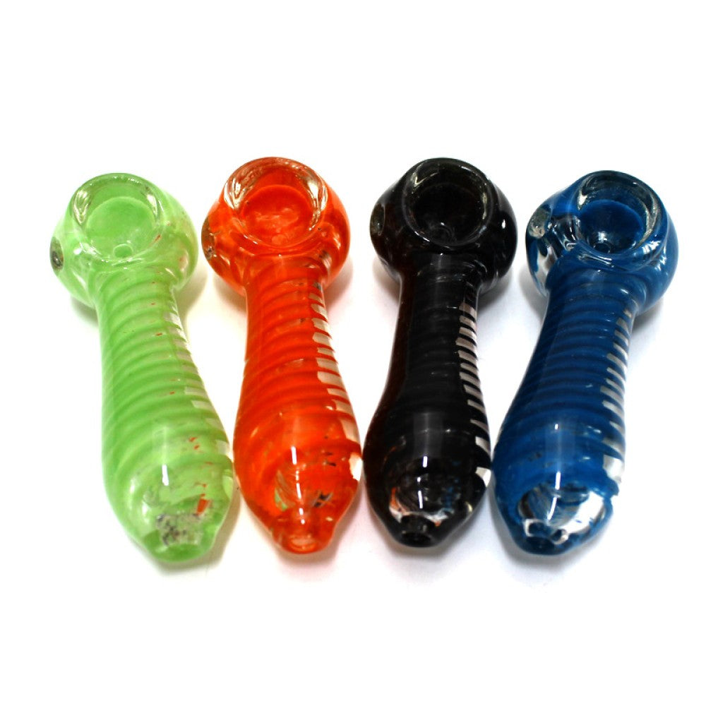 3-inch swirl color glass hand pipe featuring a vibrant solid-color finish, artistic swirl design, smooth glass construction, compact profile, and polished surface.