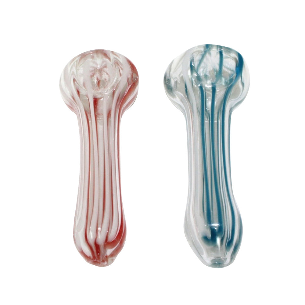 3-inch strip mixed color glass hand pipe featuring vibrant strip detailing, colorful patterns, smooth glass construction, compact size, and artistic design.