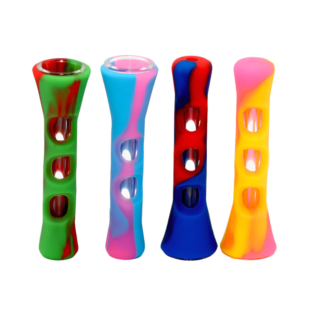 3" Silicone & Glass Tube Multi Color Chillum featuring vibrant colors, flexible silicone body, glass tube construction, compact size, and unique styling.