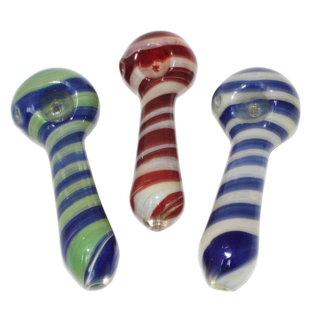 4.5-inch blue purple green swirl color heavy-duty glass pipe featuring vibrant multicolor swirl patterns, sturdy glass construction, smooth polished finish, compact size, and artistic detailing.