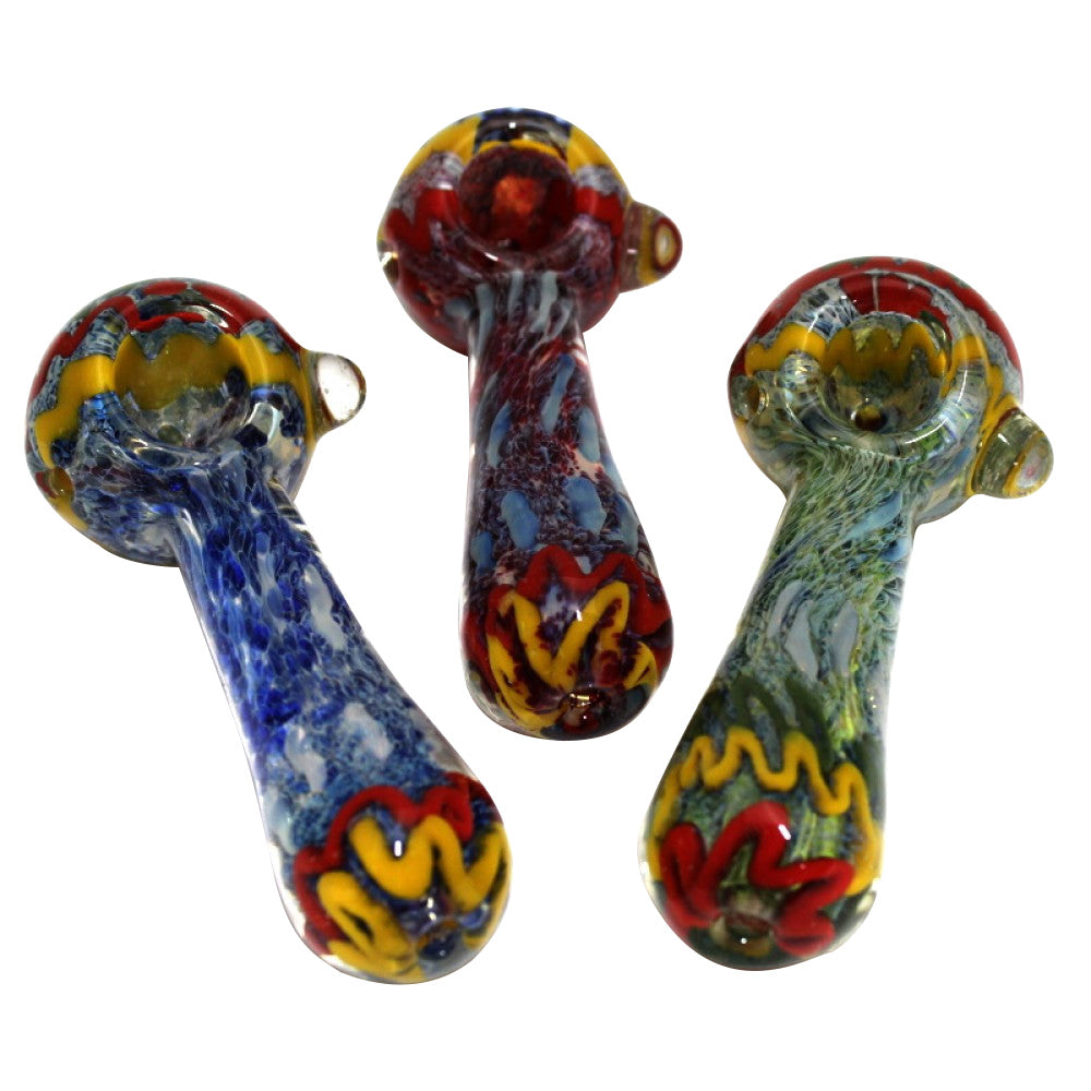 4.5-inch blue purple Rasta art heavy-duty glass hand pipe featuring vibrant blue and purple colors, artistic detailing, sturdy glass construction, smooth polished finish, and unique styling.