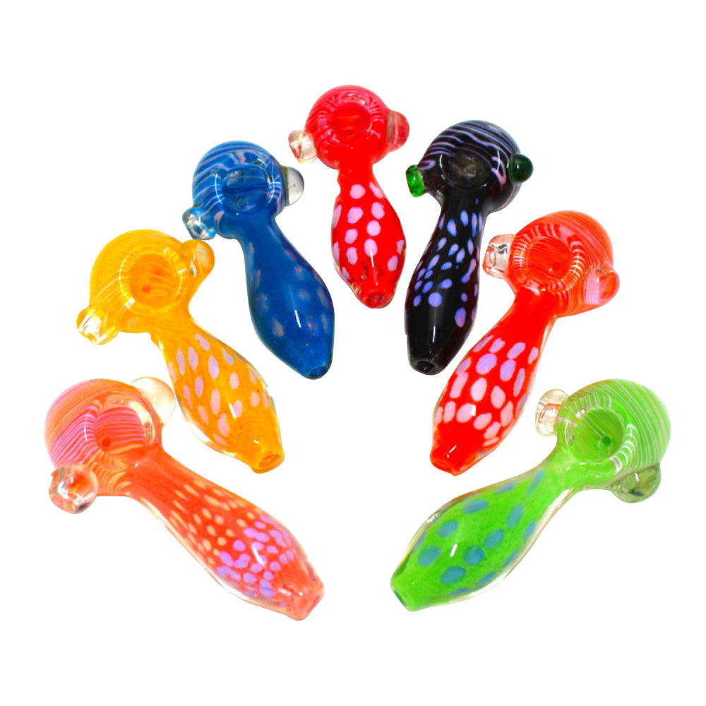 4.5-inch colorful dotted design heavy-duty glass hand pipe featuring vibrant colors, decorative dotted patterns, sturdy glass construction, smooth finish, and unique artistic styling.