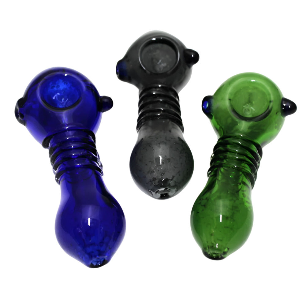 4.5-inch colorful ribbed cone shape glass hand pipe featuring vibrant colors, textured ribbed design, heavy-duty glass construction, smooth polished finish, and distinctive styling.
