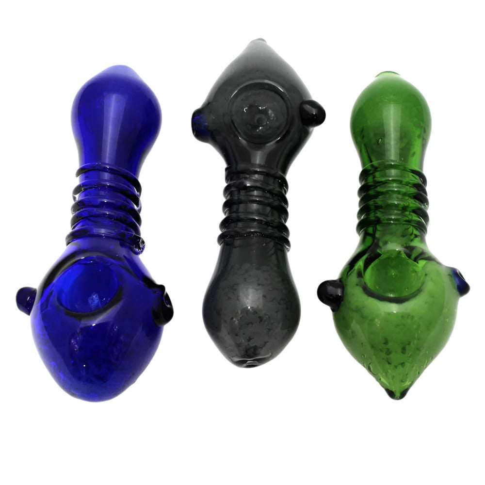 4.5-inch cone shape ribbed colorful heavy-duty glass hand pipe featuring vibrant colors, textured ribbed detailing, cone-shaped design, sturdy glass construction, and smooth polished finish.
