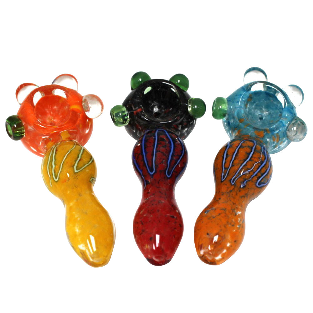 4.5-inch cubed design multi-color heavy-duty glass hand pipe featuring vibrant colors, unique cubed design, sturdy glass construction, smooth polished finish, and distinctive artistic styling.