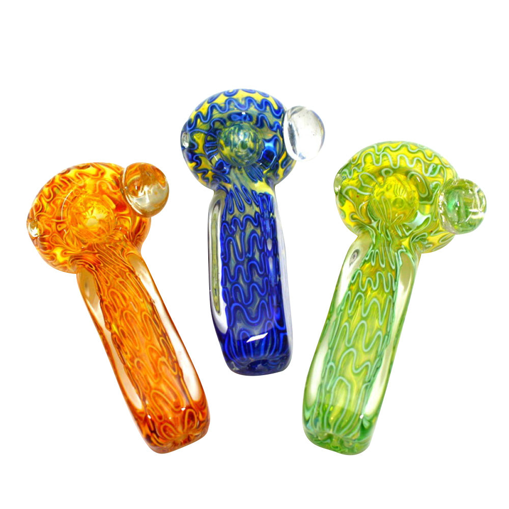4.5-inch flat big cube swirl color heavy-duty glass hand pipe featuring vibrant swirl colors, thick glass construction, unique cube design, smooth finish, and sturdy styling.