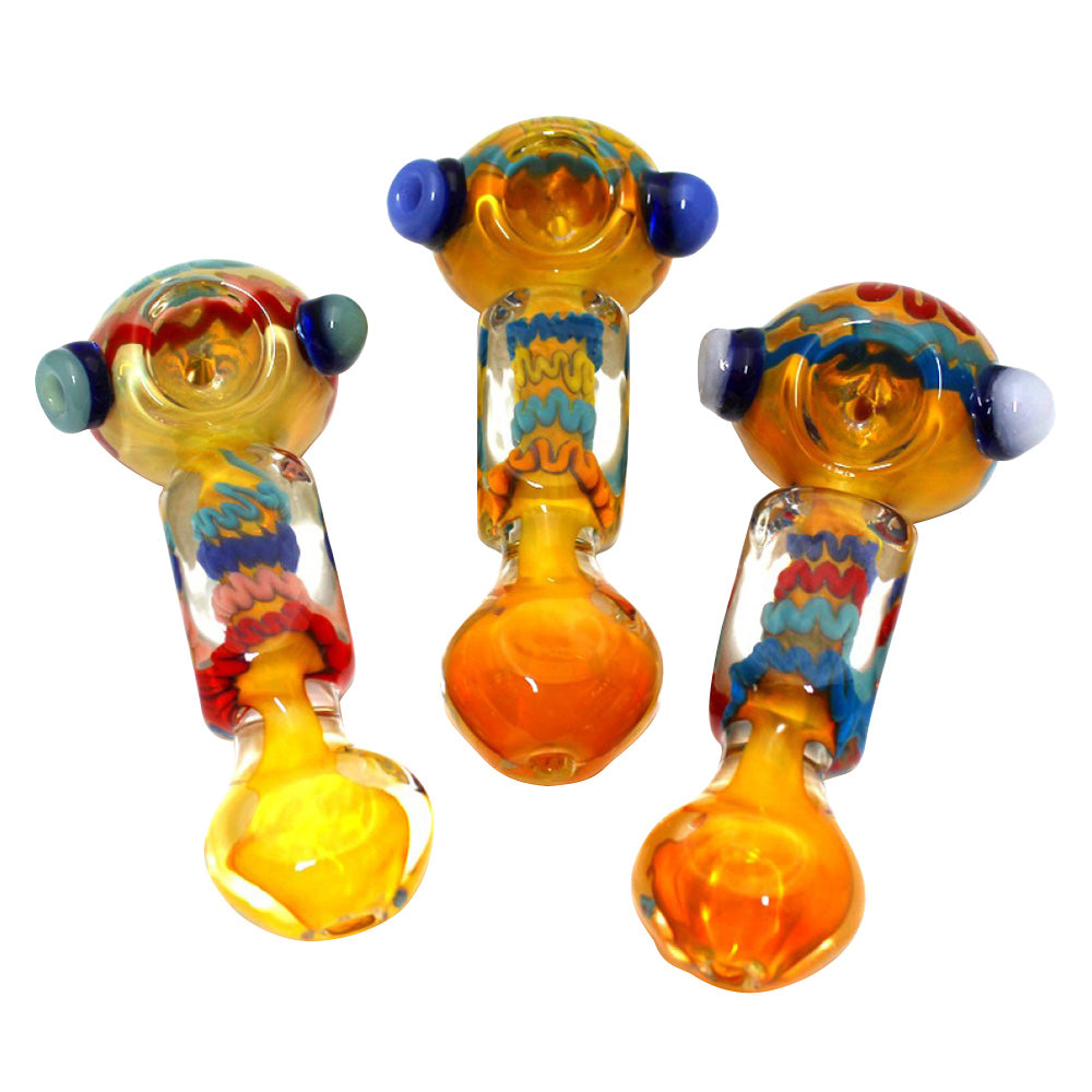 4.5-inch full art color design thick heavy-duty glass hand pipe featuring vibrant artwork, detailed color patterns, thick glass construction, smooth polished finish, and unique artistic styling.