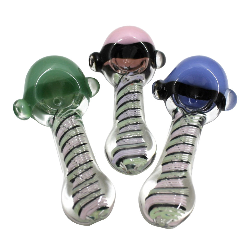 4.5-inch new color design flat head heavy-duty glass hand pipe featuring vibrant colors, unique flat head design, sturdy glass construction, smooth polished finish, and artistic detailing.