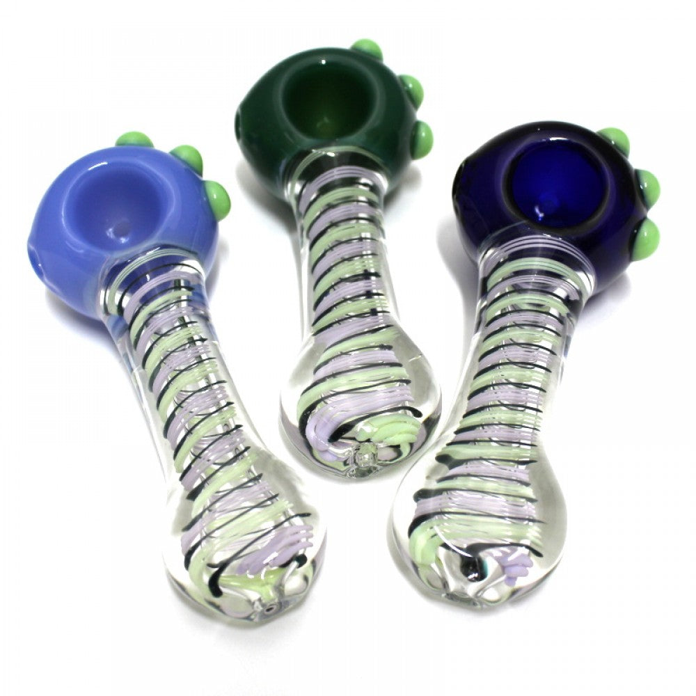 4.5-inch new color design round head heavy-duty glass hand pipe featuring vibrant colors, unique round head design, sturdy glass construction, smooth polished finish, and artistic detailing.